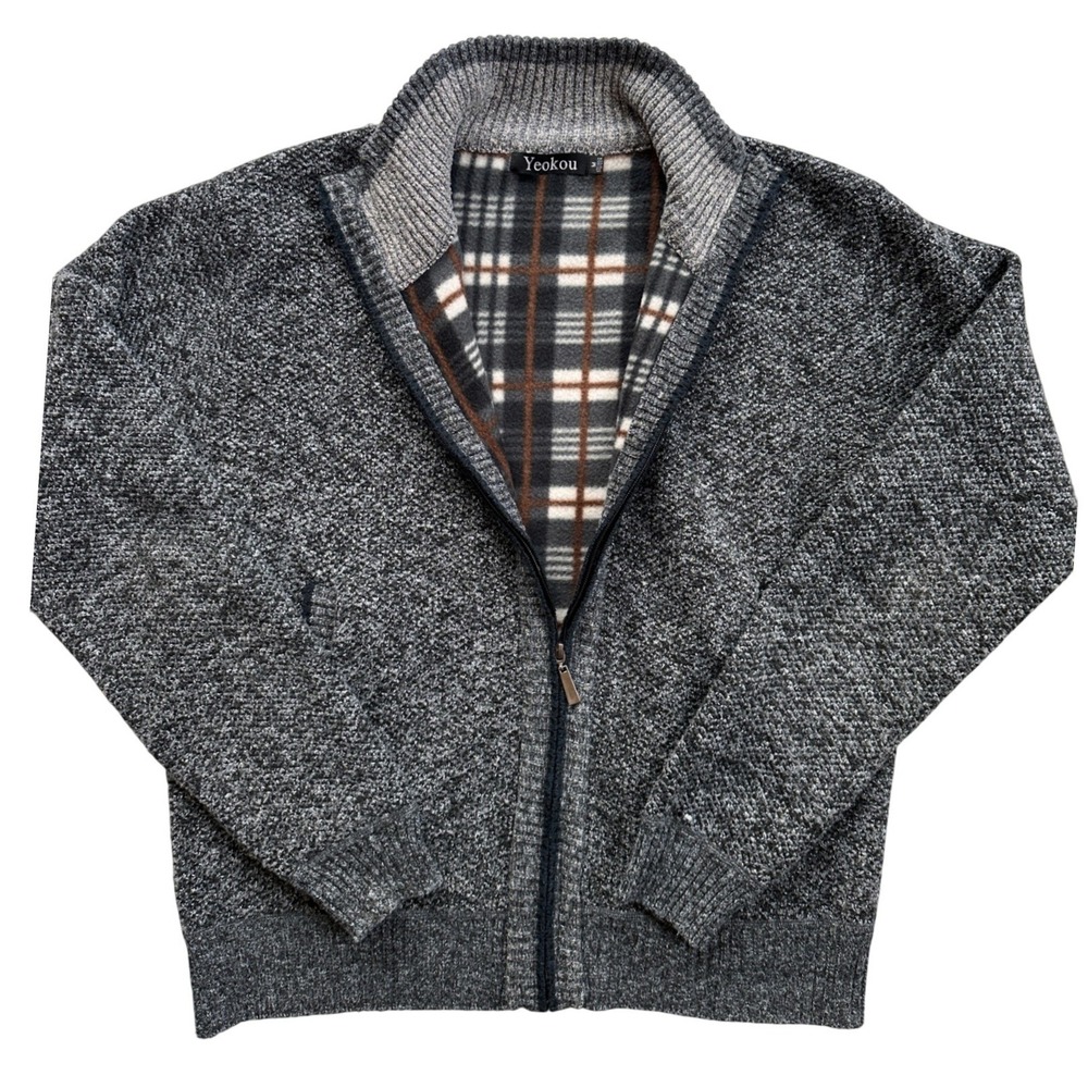 Yeokou Full Zip Cardigan Sweater Womens M Gray Cashmere Wool Fleece Plaid Jacket